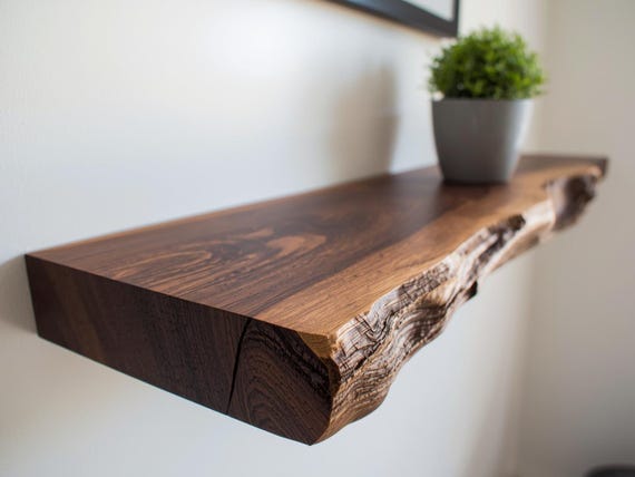 Modern Live edge Floating Shelf with Hidden metal brackets / Natural solid wood
