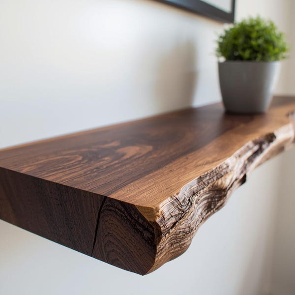 Modern Live edge Floating Shelf with Hidden metal brackets / Natural solid wood