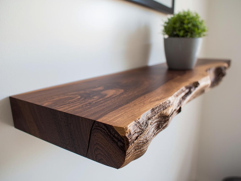 Modern Live edge Floating Shelf with Hidden metal brackets / Natural solid wood