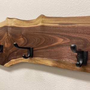 Live edge solid wood coat hooks/coat rack/Bathroom hooks/Entryway organization/ Cast iron hooks / Black walnut, Oaks, Sycamore, Hickory