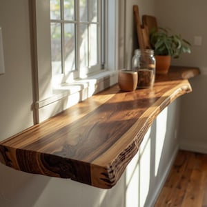May include: A live edge wooden shelf, showcasing a rich, natural wood grain. The shelf is mounted on a wall near a window, with a natural edge. The shelf is approximately 60 inches long and 12 inches wide. A jar, a small pot, and a plant are on the shelf.