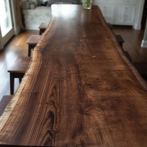 May include: A long, dark brown wooden table with a live edge. The table has a natural wood grain pattern and is surrounded by small wooden stools. The table appears to be approximately 10 feet long.