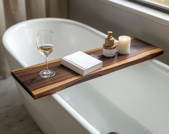 Live Edge Bathtub Caddy | Solid Black Walnut Bath Tray | 100% Epoxy Waterproof Spa Tray | Rustic Luxury Tub Shelf