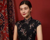 Black hidden Pattern With Pink Flower Dress, Black Cheongsam Dress, Qipao Dress, Cap Sleeves Dress, Back Zip Dress, Custom Size Dress