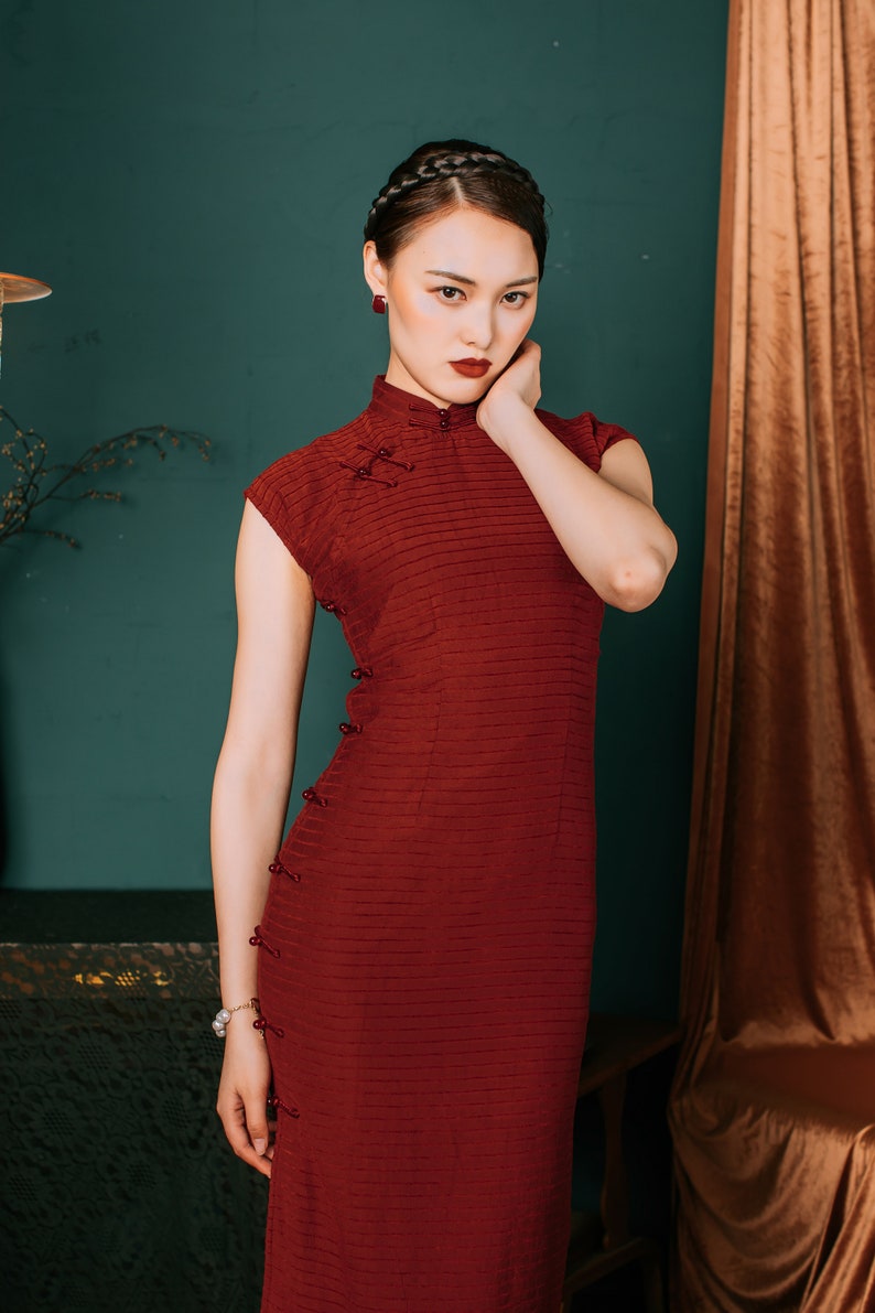 Red Wine Strip Vintage Qipao Dress Tradition Cheongsam | Etsy