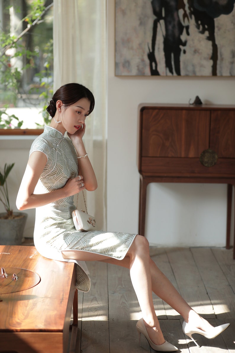 Modern Daily Wear Light Green Strip Qipao Dress Summer Cotton | Etsy