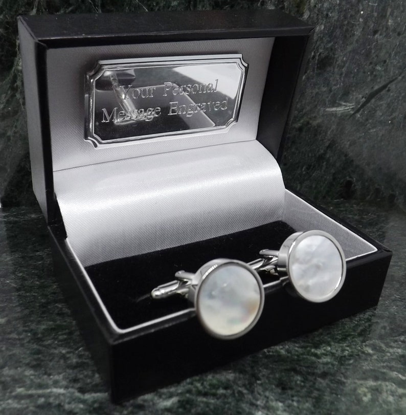 mother of pearl cufflinks and tie pin
