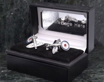 Gemelos de cadena de avión Spitfire, gemelos personalizados, gemelos de la RAF, gemelos de la Segunda Guerra Mundial, regalo para hombres, gemelos de cumpleaños, aniversario de la Segunda Guerra Mundial