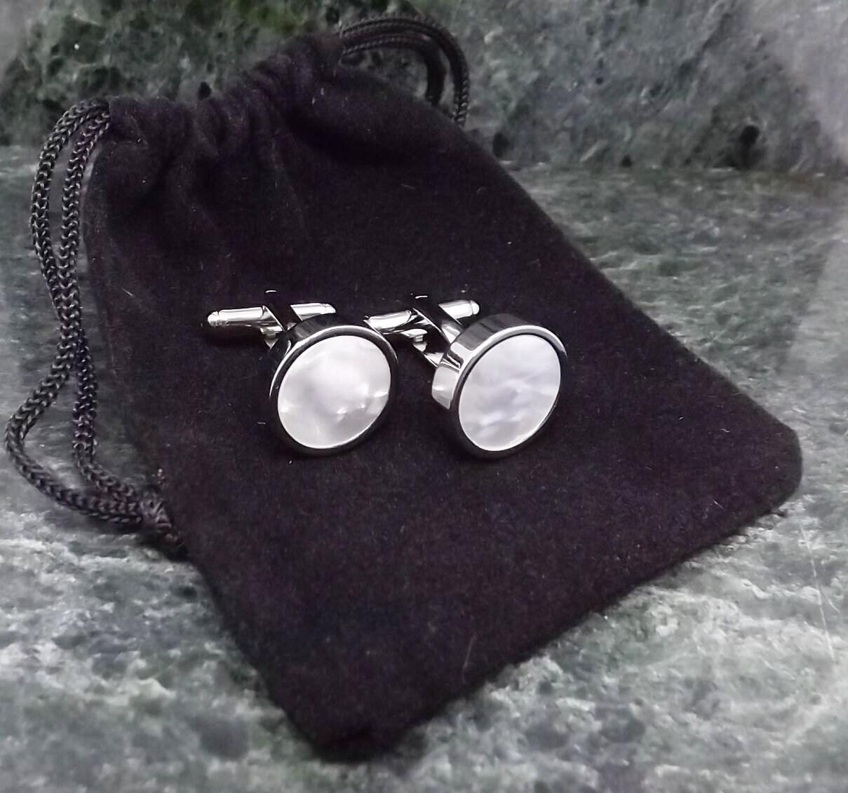 mother of pearl cufflinks and tie pin