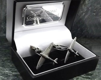 Gemelos con forma de avión Spitfire, gemelos personalizados, gemelos de plata, gemelos de peltre, gemelos ingleses, regalo para hombre, gemelos de cumpleaños o aniversario.