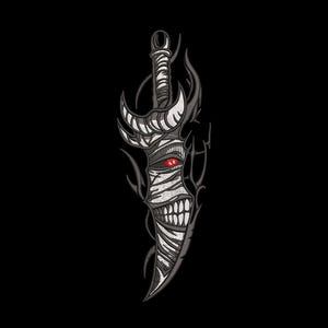 Puede incluir: Ilustración en blanco y negro de una daga con un diseño de rostro estilizado. La daga tiene un ojo rojo y una boca sonriente. El mango está detallado con un diseño curvo y la hoja tiene un filo afilado.