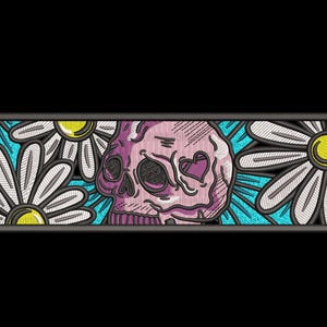 May include: Embroidered patch featuring a pink skull with heart-shaped eye sockets, surrounded by white daisies with yellow centers, set against a turquoise background. The design is framed in a rectangular shape.