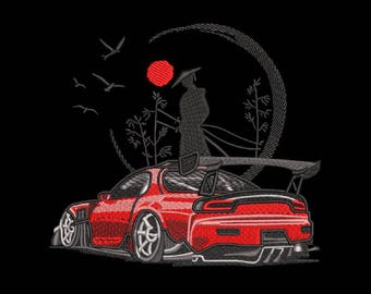 May include: A red sports car with a large rear wing, a black silhouette of a person standing in front of a red sun, and a stylized black and white background.