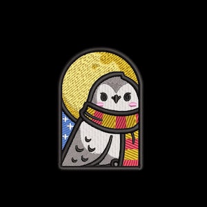 May include: Embroidered patch showing a cartoon owl wearing a scarf, set against a yellow moon and a starry blue background. The owl has grey and white feathers and is wearing a scarf with red, yellow, and gold stripes. The patch is framed by a black border.