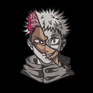 Może przedstawiać: Haftowana naszywka przedstawiająca postać z podzieloną twarzą, z kolczastymi białymi i różowymi włosami oraz szarą kurtką. Twarz postaci jest podzielona, z jednej strony pokazując surowy wyraz twarzy, a z drugiej złowrogi uśmiech, na czarnym tle.