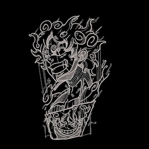 May include: A black and white illustration of a character with spiky hair and a determined expression. The artwork features a detailed line drawing style, with dynamic lines suggesting movement and energy. The character's face is the focal point.