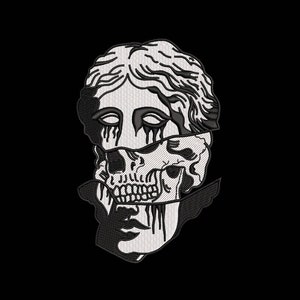 May include: Black and white illustration of a woman's face with a skull overlaying the lower half of her face. The woman's face is depicted in a classical style, with flowing hair and a serene expression. The skull is detailed and realistic, with visible teeth and eye sockets. The image has a dark and mysterious aesthetic.