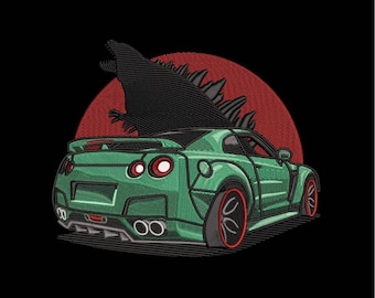 May include: A green sports car with a black monster silhouette on top of it. The car has red accents and is set against a red and white background.