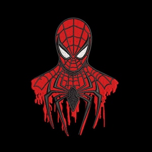 May include: Embroidered design of Spider-Man's head and upper torso, featuring a red and black color scheme. The design includes the character's mask with white eyes and a spider emblem on the chest. The background is solid black.