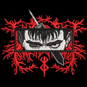 Może przedstawiać: Czarno-biała ilustracja twarzy postaci z mieczem przebijającym czoło. Oczy postaci są szeroko otwarte, a miecz jest częściowo widoczny. Obraz jest otoczony czerwonym, kolczastym wzorem i czarno-białym symbolem.