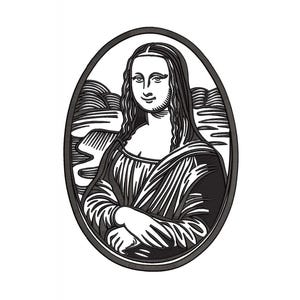 Pode incluir: Ilustração a preto e branco do retrato de Mona Lisa dentro de uma moldura oval. A obra de arte retrata uma mulher com cabelo comprido, uma expressão serena e braços cruzados, contra um fundo de paisagem.