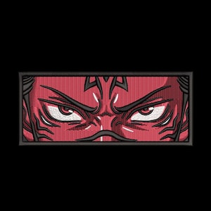May include: Embroidered patch featuring a close-up of a character's eyes, with a red face and white eyes. The patch has a black border and is set against a black background. The character has a stern expression.