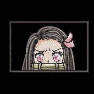 May include: Embroidered patch featuring a character with black hair, pink eyes, and a bamboo muzzle. The character has a pink bow and a determined expression. The patch is rectangular with a black border.