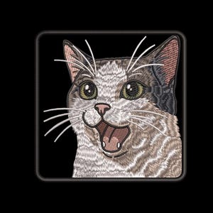 May include: Embroidered patch featuring a cat's face with wide, green eyes and an open mouth. The cat has gray and white fur, with long white whiskers. The patch is framed in a black square, perfect for adding to clothing or accessories.