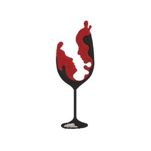 May include: A red wine glass with a silhouette of two people kissing inside the glass.