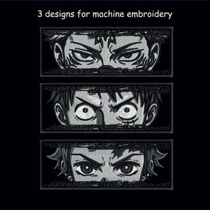 Puede incluir: Diseños de bordado en blanco y negro con tres conjuntos de ojos de estilo anime. El texto "3 designs for machine embroidery" está en la parte superior. Cada diseño está en un marco rectangular, con diferentes expresiones.