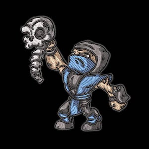 Puede incluir: Un ninja de dibujos animados azul y gris sosteniendo una calavera en su mano derecha. El ninja lleva una máscara azul y una capa con capucha gris.