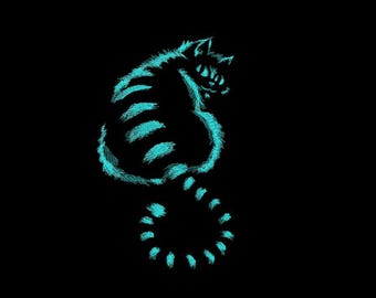 Puede incluir: Una ilustración estilizada de un gato azul turquesa con una cola enroscada sobre un fondo negro.