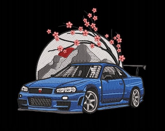 May include: A blue sports car with a black spoiler and a white background with a cherry blossom tree and a red sun.