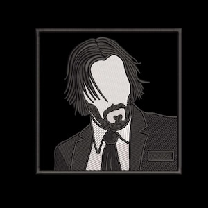 May include: Embroidered patch featuring a stylized portrait of a man in a suit with long hair and a beard. The design is in black and white, with detailed stitching creating the image on a square patch.