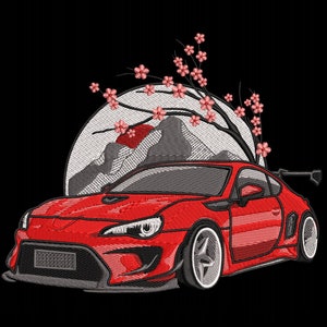 Può includere: Auto sportiva rossa con spoiler nero e ruote bianche, sullo sfondo di una luna bianca, montagne grigie e un ciliegio in fiore rosa.