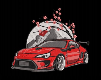 May include: Red sports car with a black spoiler and white wheels, set against a backdrop of a white moon, gray mountains, and a pink cherry blossom tree.