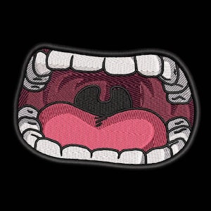 Może przedstawiać: Zbliżenie na szeroko otwarte usta z białymi zębami i różowym językiem. Usta są wyszyte w kreskówkowym stylu i mają czarny kontur.