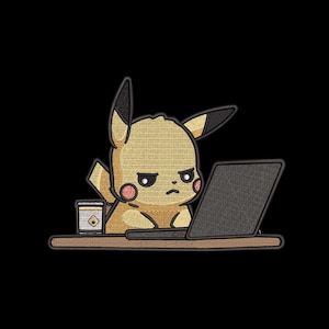 May include: Embroidered patch featuring Pikachu with a displeased expression, working on a laptop. A small cup with a logo sits beside the laptop on a wooden desk. The patch has a black background.