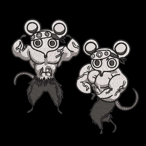 May include: Two muscular cartoon mice in a black and white illustration. The mice are flexing their biceps and wearing headbands. The mice have large ears and tails. The background is solid black.