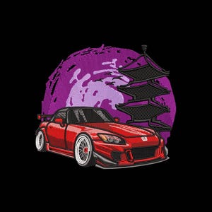 May include: A red Honda S2000 sports car with a black spoiler and black wheels, set against a purple and white background with a black pagoda-style building.