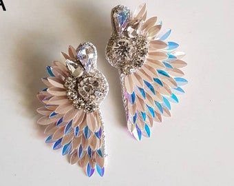 Statement winged Opal effect bridal  earrings, Wedding butterfly earrings,Boho winged stud earrings,Opal effect shimmery wings earrings