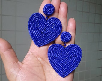 Handmade Blue Beaded Hearts Earrings, Bridesmaid Blue Earring, Hand embroidered Seed Beads Light Blue Heart earrings By Carnation Jewellery