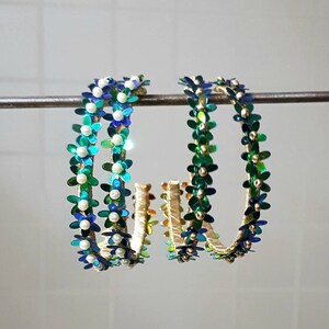 Statement handmade luxe beaded hoop earrings, Elegant  embellished blue green rainbow hoop earrings,Party wear circle hoop earrings,hoops