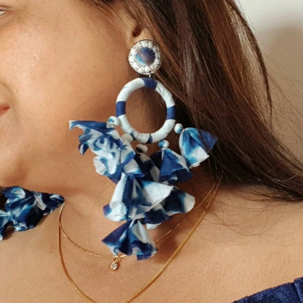 Boho Indigo blue handmade fabric tassels oversized  Earring,Summer light weight navy blue hoop and tassel Earring,boho blue tassels Earring