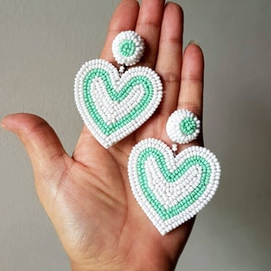 Handmade heart earrings, Bridesmaid hearts earrings,seed beads embroidered white green heart earrings,Beaded green white heart danglers