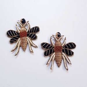 Handmade Bug earring,Statement embroidered bee earrings,Bug Earrings, Nature Jewelry,Black and gold bug earrings,Black bug,Halloween earring