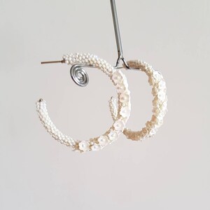 Ivory beaded bridal hoop earrings,Ivory sequin hoop earrings,Floral hoop earrings,Ivory bridal hoop earrings, beaded hoop,Ivory floral hoops