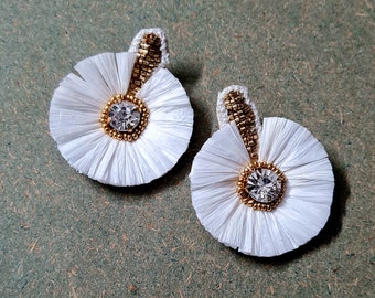 Vintage Wedding White Flower Raffia Stud Earrings -  White And Gold Bridal Stud Earrings - Bridal Floral Golden Painted Earrings - Brides