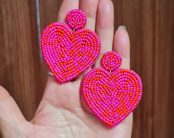 Orecchini Pendenti Bohémien A Forma Di Cuore Con Perline – Fatti A Mano, Ipoallergenici, Rosso, Per San Valentino