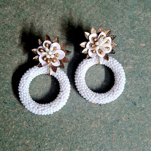 Statement white beaded hoop bridal earrings, handcrafted floral hoops earrings, handmade white and gold hoop danglers, hoops for the brides